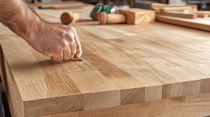 Carpenter measuring and marking wood for a cabinet project. Featuring accuracy and planning