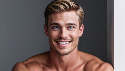 A confident man with captivating blue eyes showcasing his smile.