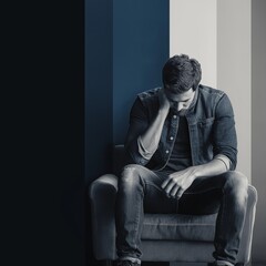 A young man sits pensively on a couch, embodying deep reflection and emotional struggle.
