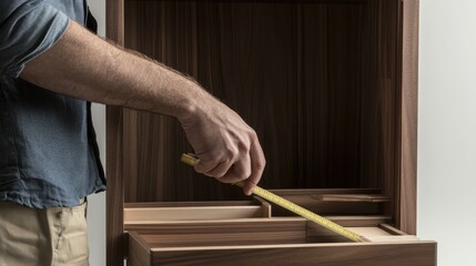 Carpenter measuring wood for a custom cabinet. Featuring attention to detail and focus