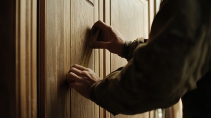 Carpenter measuring wood for a custom cabinet. Featuring attention to detail and focus