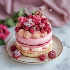 A delightful pink cake topped with roses and raspberries showcases exquisite pastry artistry.