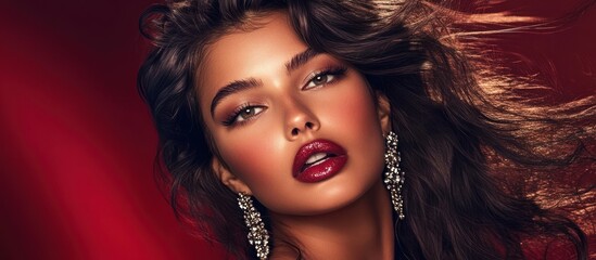 Elegant beauty portrait with dynamic hair and glossy lipstick on vivid background