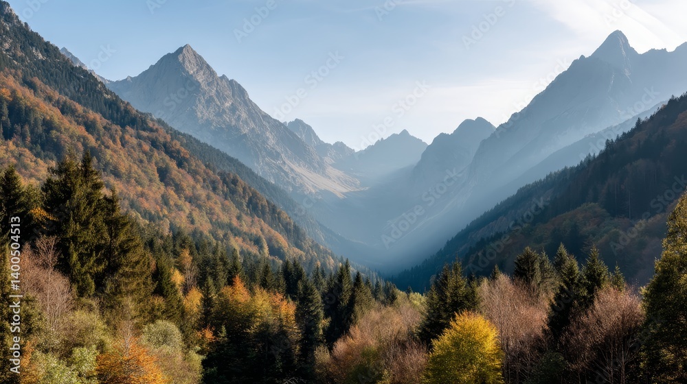 Aufkleber Golden light filters through an enchanted forest illuminating a misty valley surrounded by jagged peaks, creating a serene and magical atmosphere at dawn