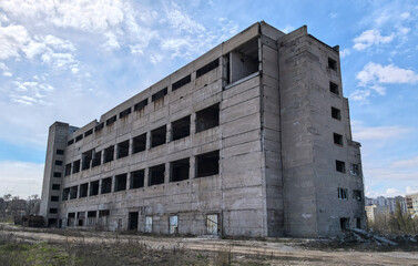 destroyed and burned houses in the city in Ukraine