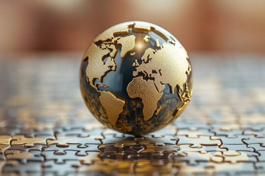 Golden globe resting on completed puzzle, symbolizing global unity and cooperation.