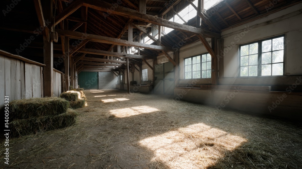 Poster Soft dawn light streams through weathered wooden beams, illuminating a rustic barn's interior and creating gentle shadows on the hay-covered ground