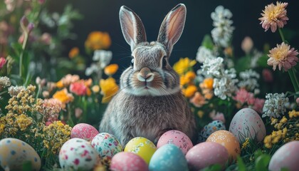 Cute rabbit surrounded by colorful pastel eggs and flowers in a floral arrangement during spring celebration