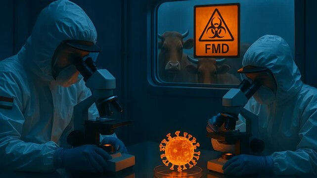 Scientists examining foot and mouth disease virus with cows in background at research facility