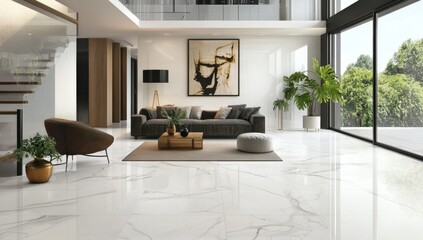 Modern, spacious living area with elegant white marble flooring.  Large windows offer views of lush greenery