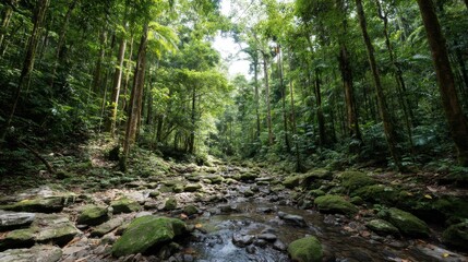 Fototapeta premium A serene stream cascades over smooth, mossy stones amid lush rainforest foliage, with sunlight filtering through the vibrant green leaves above