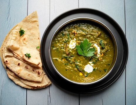 bowl of sarso ka saag with makki ki roti top view on table