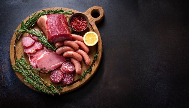 a tantalizing display of fresh raw meat cuts and artisanal sausages on a rustic board accented with herbs spices and a hint of lemon gourmet food composition