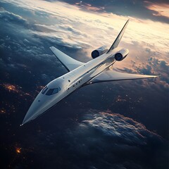 Obraz premium Futuristic jetliner above city lights