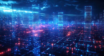 Fototapeta premium Digital Data Flow in a Cyberpunk City with Glowing Network Overlay and Neon Lights