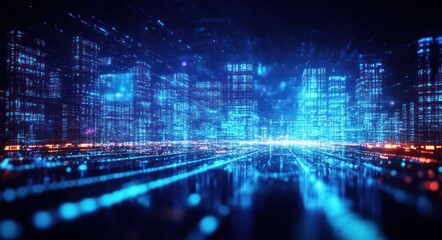 Obraz premium Futuristic Cyberpunk Cityscape with Digital Data Flow and Binary Code Visualization in Neon Colors