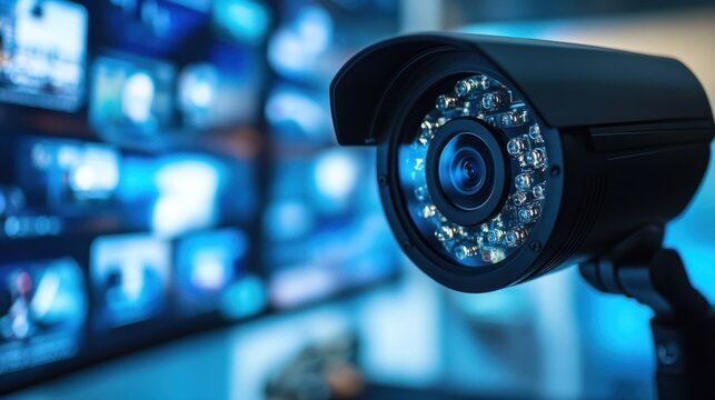 Surveillance Technology:  Close-up of a Security Camera with Multiple Screens in the Background