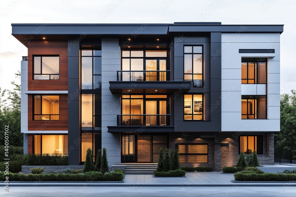 Poster Modern three-story building with sleek design and spacious balconies surrounded by greenery in an urban setting