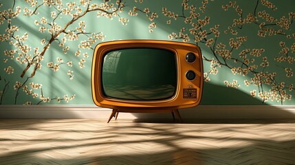 Retro television set against a floral backdrop bathed in gentle sunlight