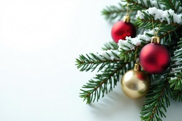Fototapeta premium Snowy branch with green fir tree ornaments on white background, serene, garland, wreath