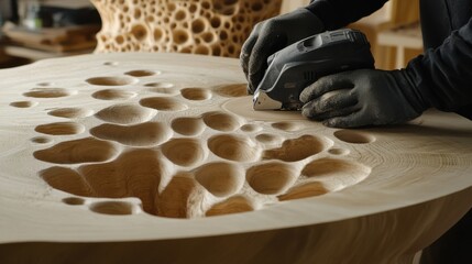 Carpenter sanding wood for a custom table. Featuring craftsmanship and precision