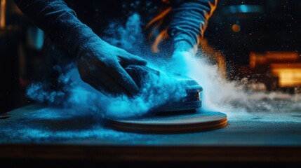 Carpenter sanding wood for a custom table. Featuring craftsmanship and precision