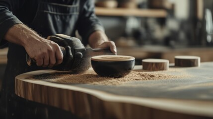 Carpenter sanding wood for a custom table. Featuring craftsmanship and precision