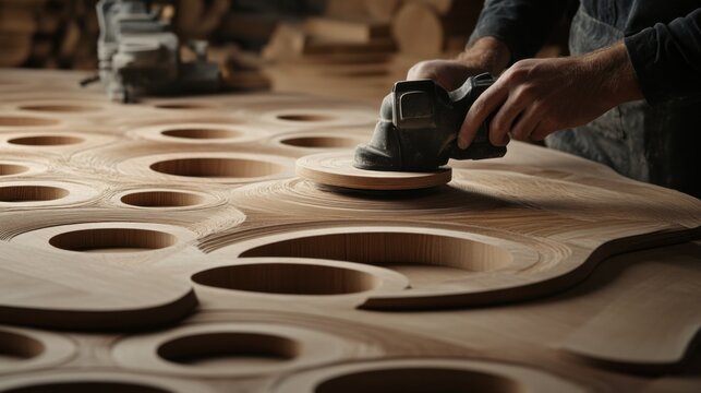 Carpenter sanding wood for a custom table. Featuring craftsmanship and precision