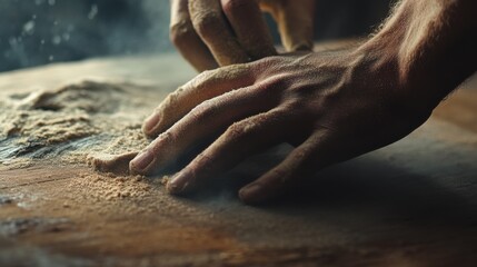 Carpenter sanding wood for a table project. Featuring attention to detail and smoothness