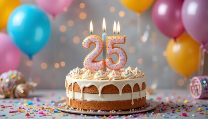 A delightful two-tiered cake celebrating a joyous 25th birthday, surrounded by colorful balloons and sprinkles, bathed in soft, warm light.
