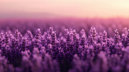 Obraz premium A field of lavender, A serene lavender field bathed in soft sunset hues, creating a tranquil and picturesque nature scene.