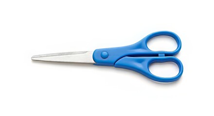 Blue scissors with stainless steel blades on white background
