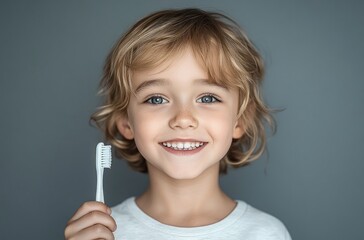Cheerful child brushing teeth with white toothbrush in black and white portrait photography