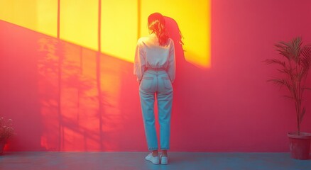 Weight loss concept thin woman in oversized jeans showcasing healthy eating and dieting