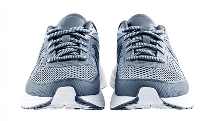 Pair of gray athletic shoes, front view.
