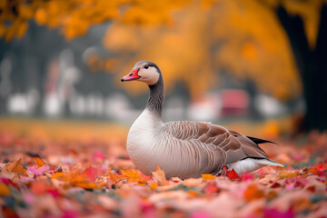 A goose surrounded by colorful fallen leaves, smooth autumn blur