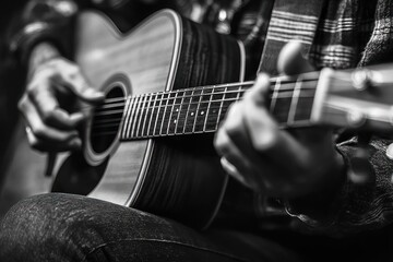 Fototapeta premium Acoustic Guitar Player in Nature Black and White Photography Close-Up of Hands and Strings