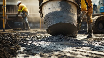 Concrete mixer preparing cement on a construction site. Featuring efficiency and teamwork