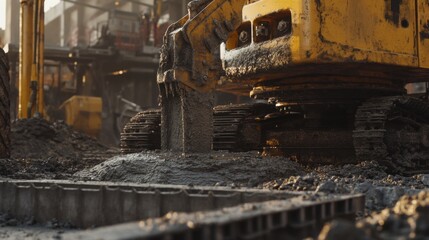 Fototapeta premium Concrete pump operator pouring cement into foundation molds. Featuring precision and safety
