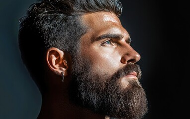 Obraz premium Profile Portrait of Bearded Man with Stylish Haircut and Dramatic Lighting