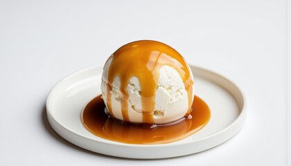 Ice cream with caramel sauce on a white plate  