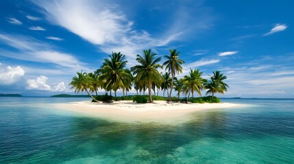 A calm tropical island with soft sandy beach and swaying palm trees.

