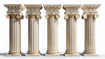 Fototapeta premium Five Classical Greek Columns Isolated on White Background - Architectural Stock Photo