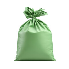 Large green plastic bag with tied top for storing waste or carrying bulky items securely