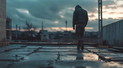 Fototapeta premium Concrete worker smoothing out a freshly poured slab. Featuring precision and strength