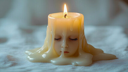 Artistic candle sculpture with face melting wax illuminated