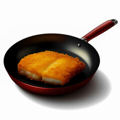Crispy breaded fish fillet in nonstick red frying pan