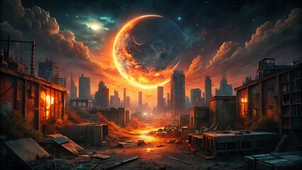 Obraz premium Fiery Crescent Moon Illuminates Urban Decay - Night Cityscape Stock Photo