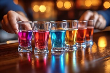 Colorful Shot Glasses on Wooden Table in Lively Bar Scene with Celebration and Friends
