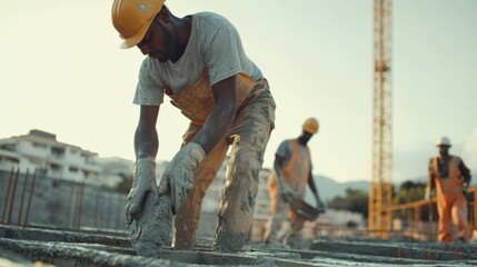 Construction laborer pouring cement into molds for a foundation. Featuring teamwork and precision